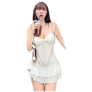ชุดเซ็ตเสื้อสายเดี่ยวผูกโบว์ กระโปรงระบาย Free Size