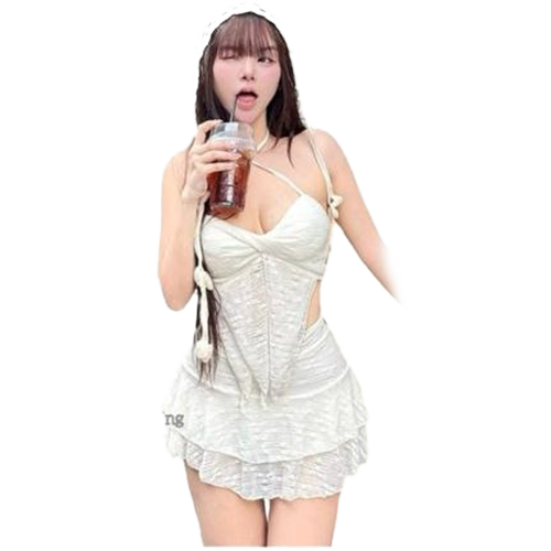 ชุดเซ็ตเสื้อสายเดี่ยวผูกโบว์ กระโปรงระบาย Free Size