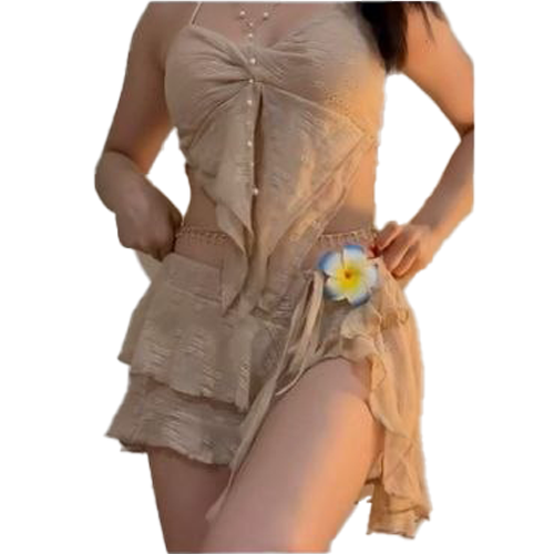 ชุดเซ็ตเสื้อสายเดี่ยวผูกโบว์ กระโปรงระบาย Free Size